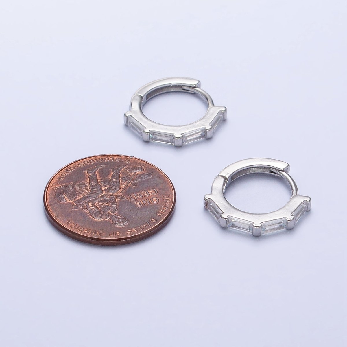Clear Baguette Lined 14mm Silver Huggie Hoop Earrings | AB449