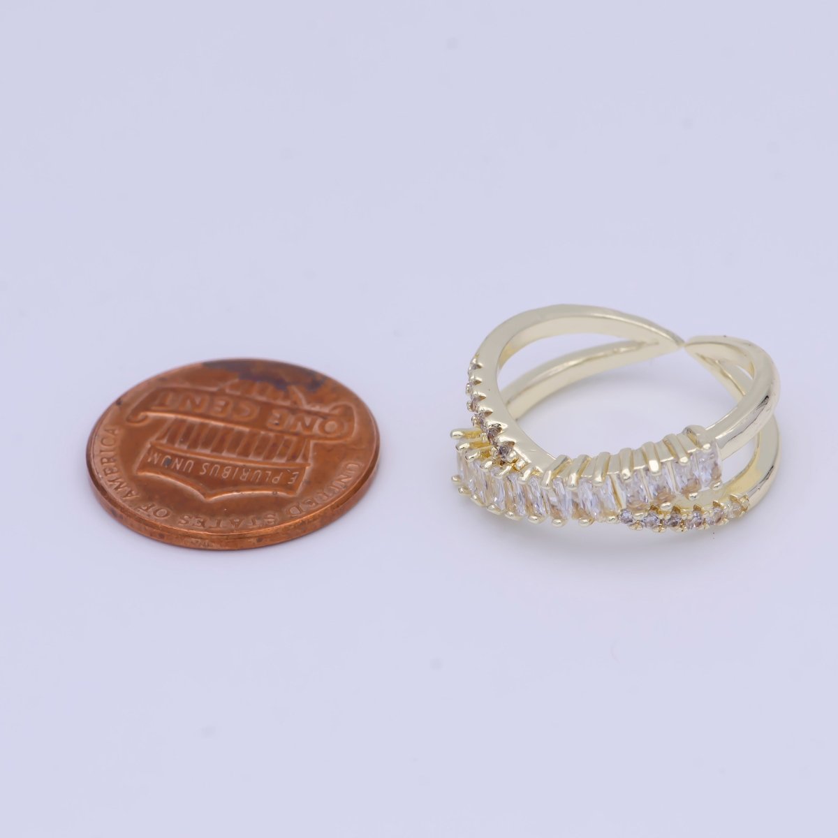 OS Clear Baguette Micro Paved Crossed Double Band Gold Ring | O483