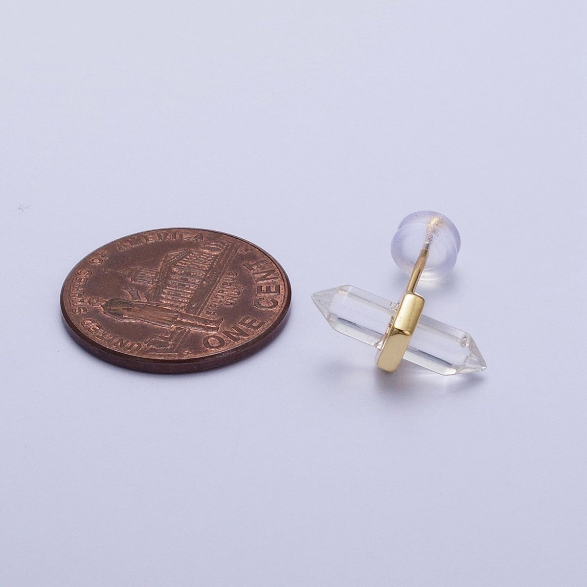 Clear Quartz Pointed Wand Gold Minimalist Stud Earrings | AD-097