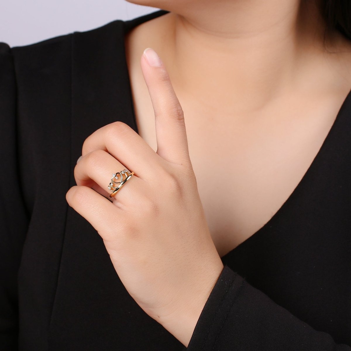 Crown Cubic Mini Pendant, Heart Cubic Pave 24K Gold Charm, Solitaire CZ Pendant Double Ring, Dainty ring Charm R439
