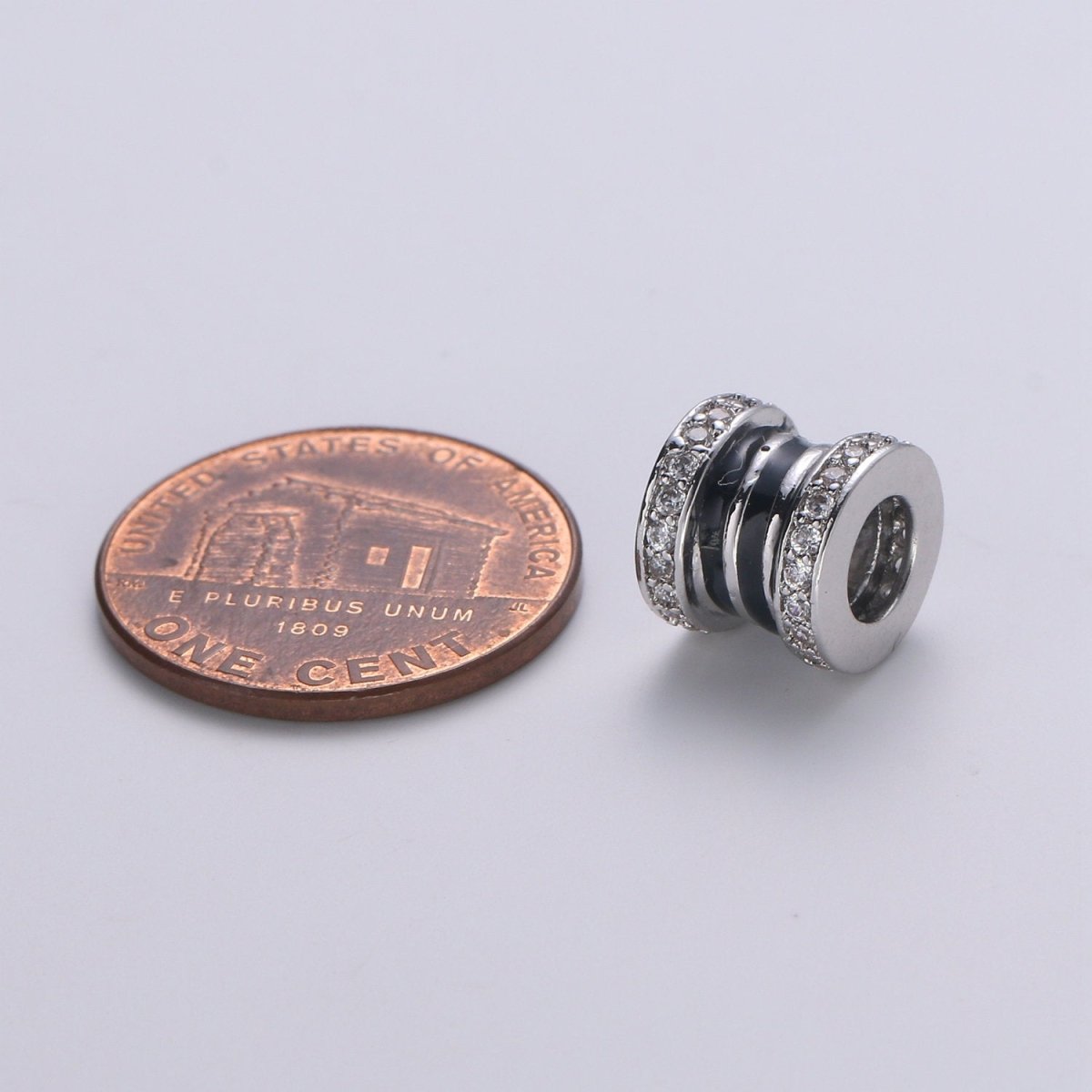 CZ Micro Pave Big Hole Drum Spacer Beads, Cubic Zirconia Large Hole Spacer Beads Silver Black Beads 8.4x9.2mm B-365