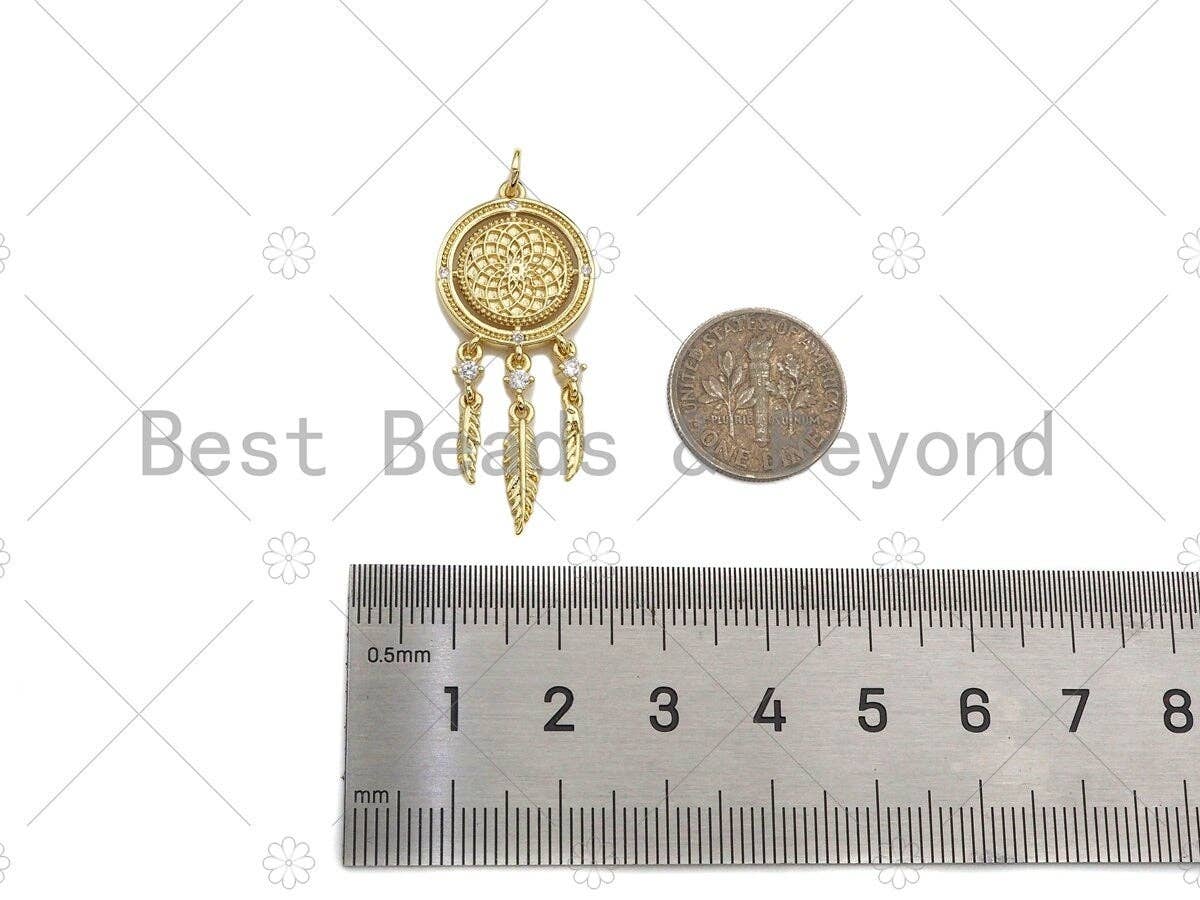 CZ Micro Pave Disc With Feather Shape Pendant Charm,Sku#F1357C