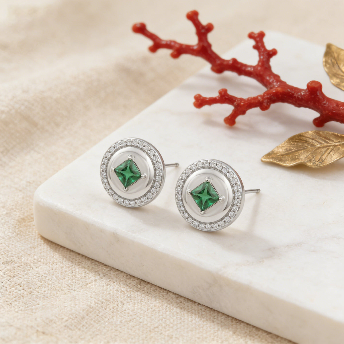 925 Sterling Silver Elegant Round Green Gemstone Stud Earrings with Sparkling Halo