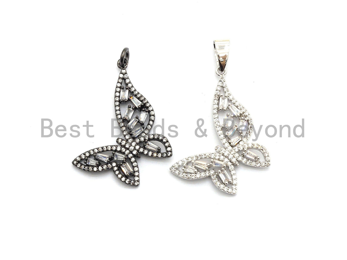 CZ Micro Pave Butterfly Shape Pendant with Baguette CZ cluster, Gold/Silver/Black/Rose Gold Plated Jewelry,29x31mm,sku#F699