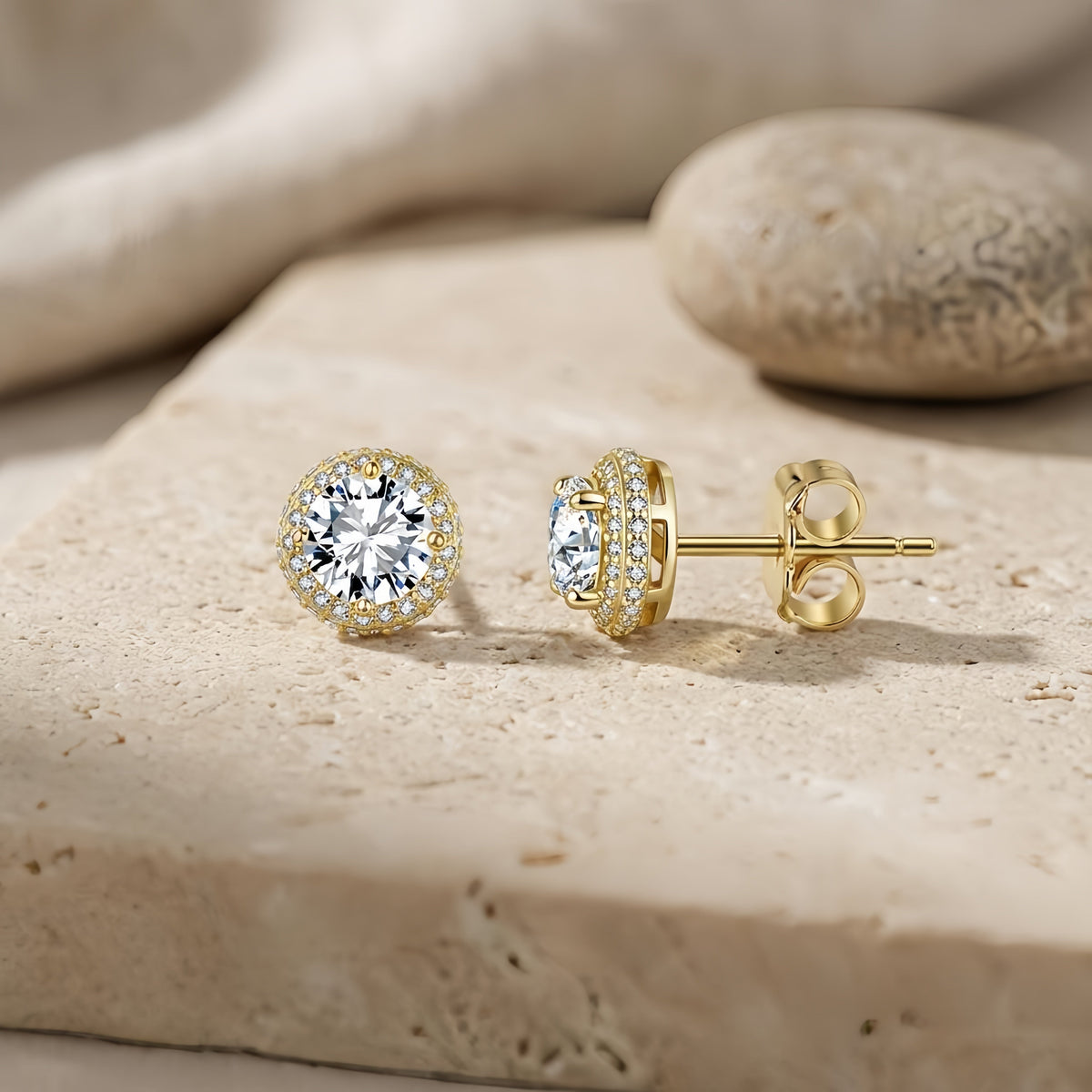 925 Sterling Silver Elegant Gold CZ Halo Stud Earrings with Butterfly Backs