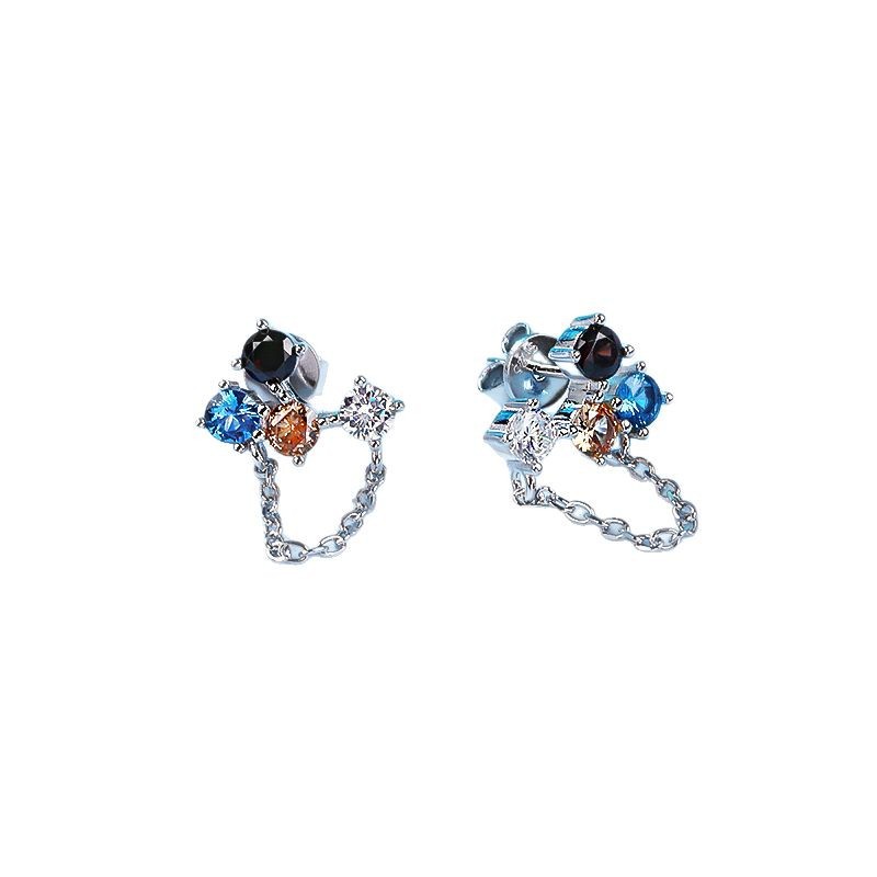 S925 Silver Asymmetric Multicolor Zircon Tassel Drop Earrings, Women Unique Versatile Dangle Jewelry