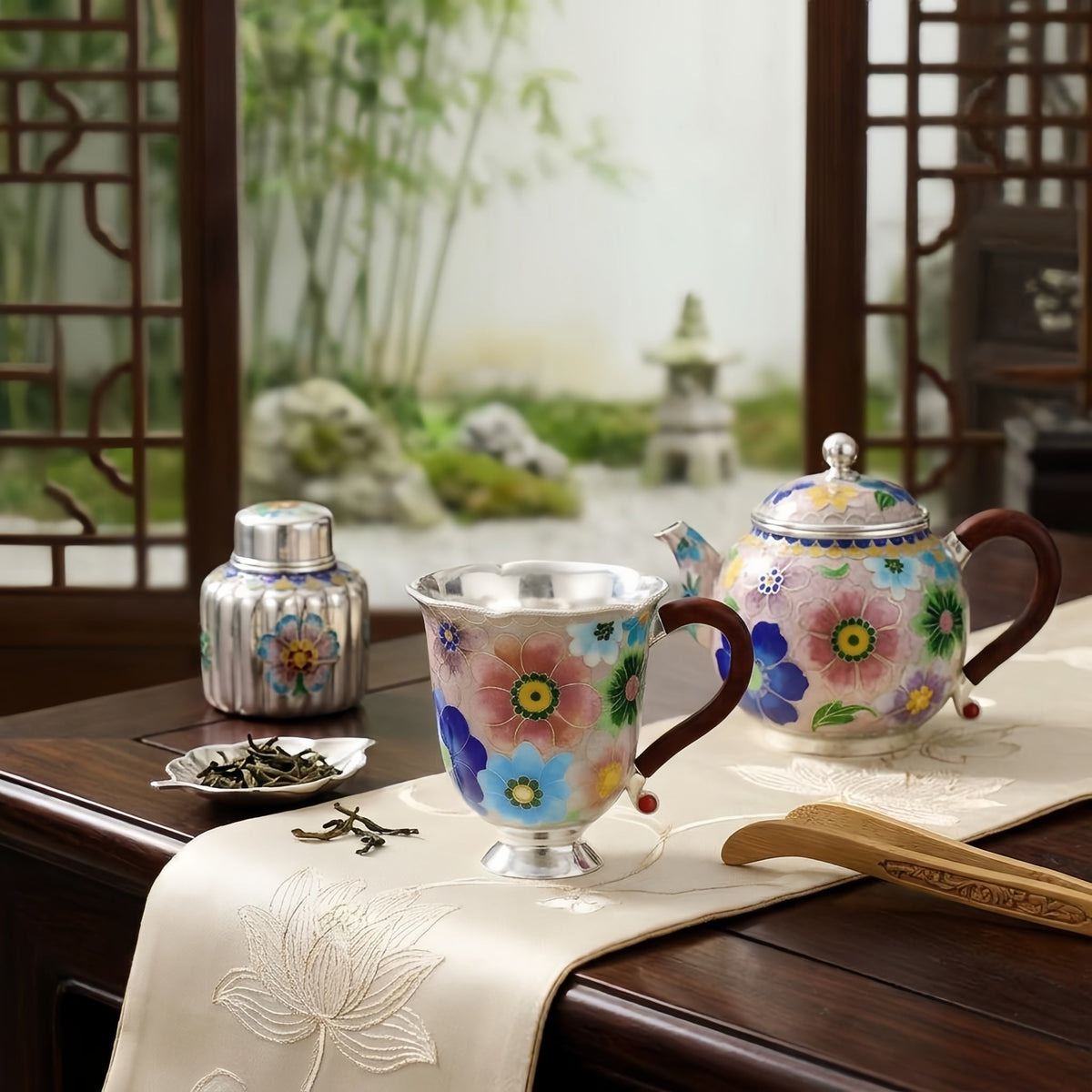 Pure 999 Fine Silver Enamel Floral Mug with Wooden Handle and Metallic Base-Premium Indigo Master Cup - Handicraft