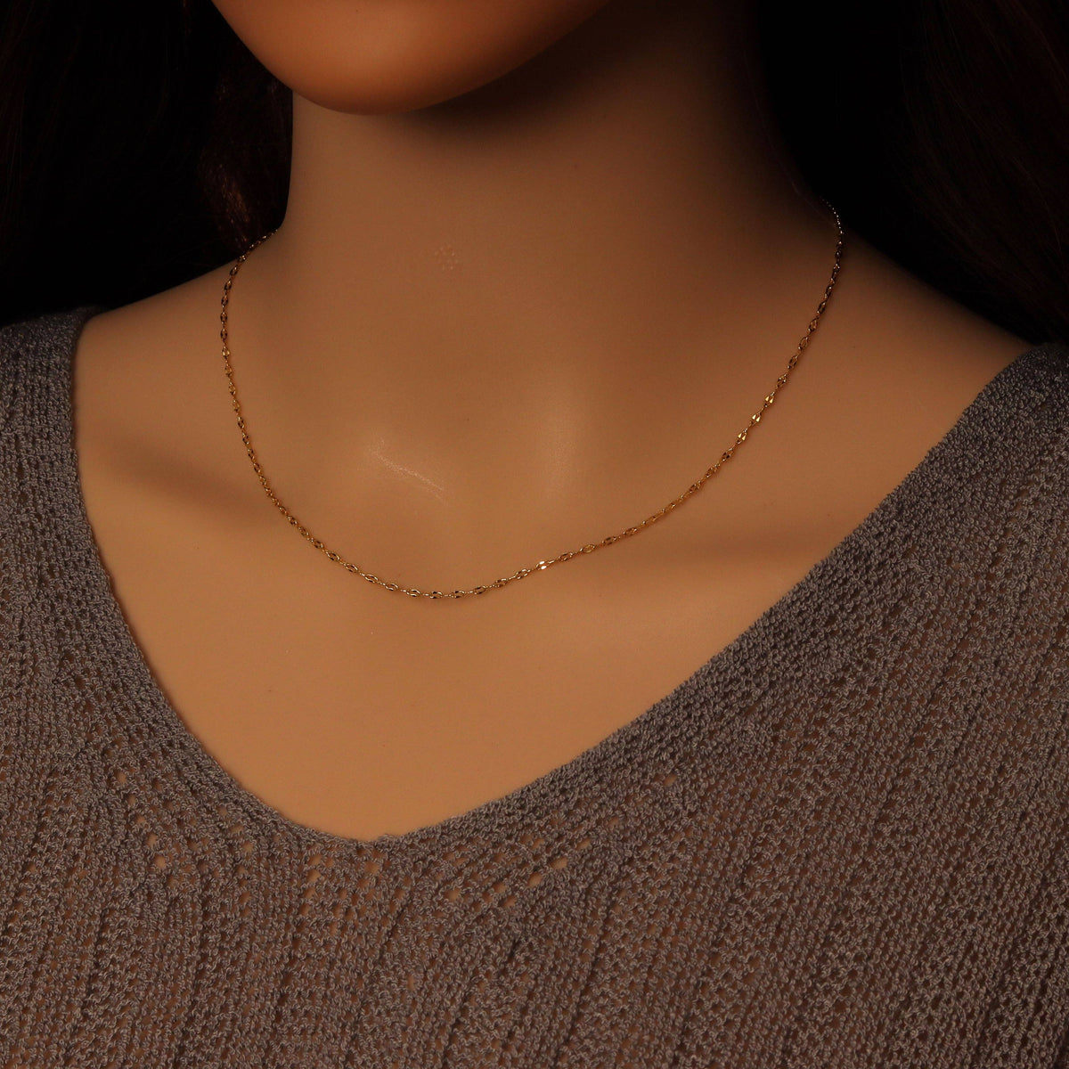 Gold Flat Oval Link Chain Necklace, Sku#LD591c