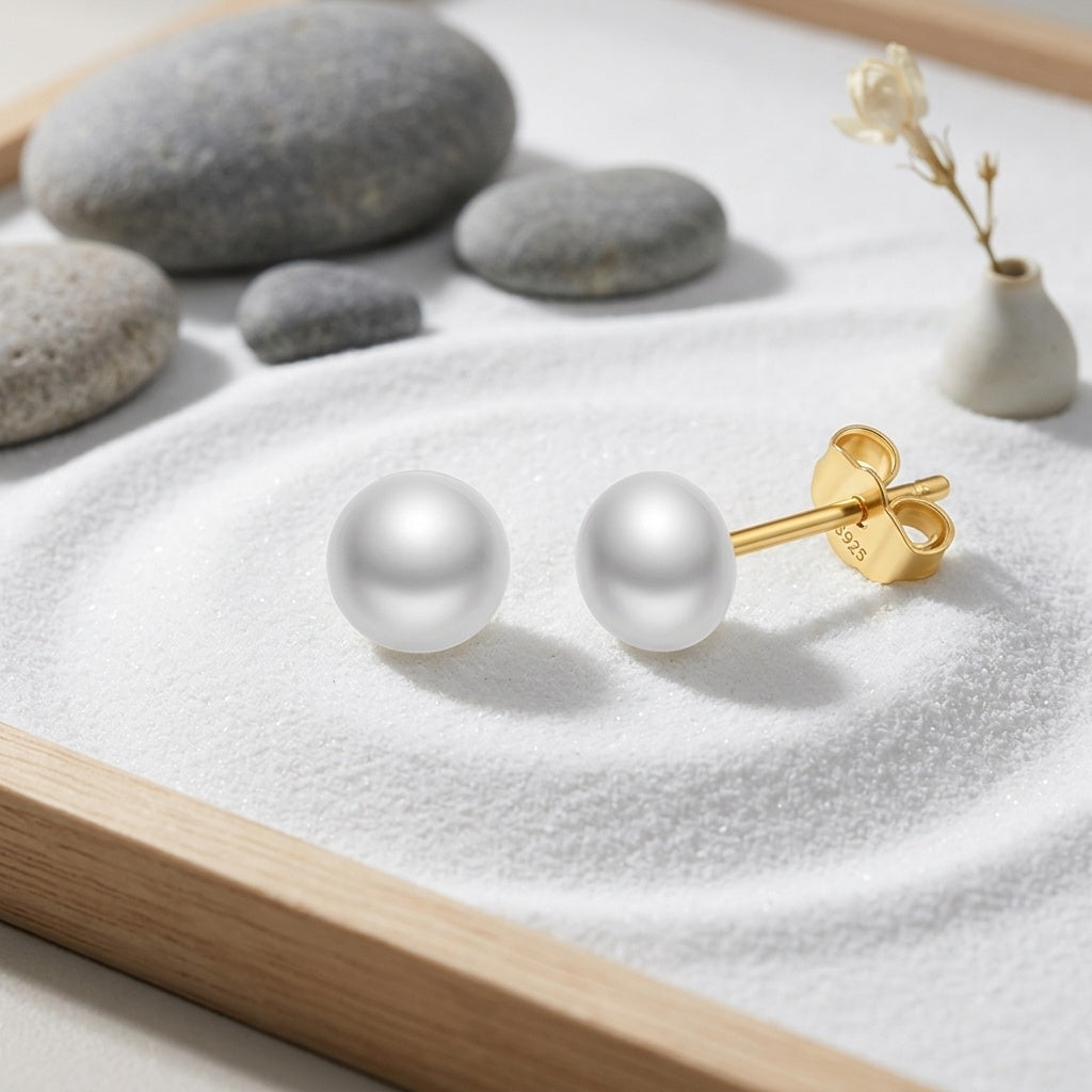 925 Sterling Silver Classic Round White Pearl Stud Earrings with Sterling Silver Butterfly Backings