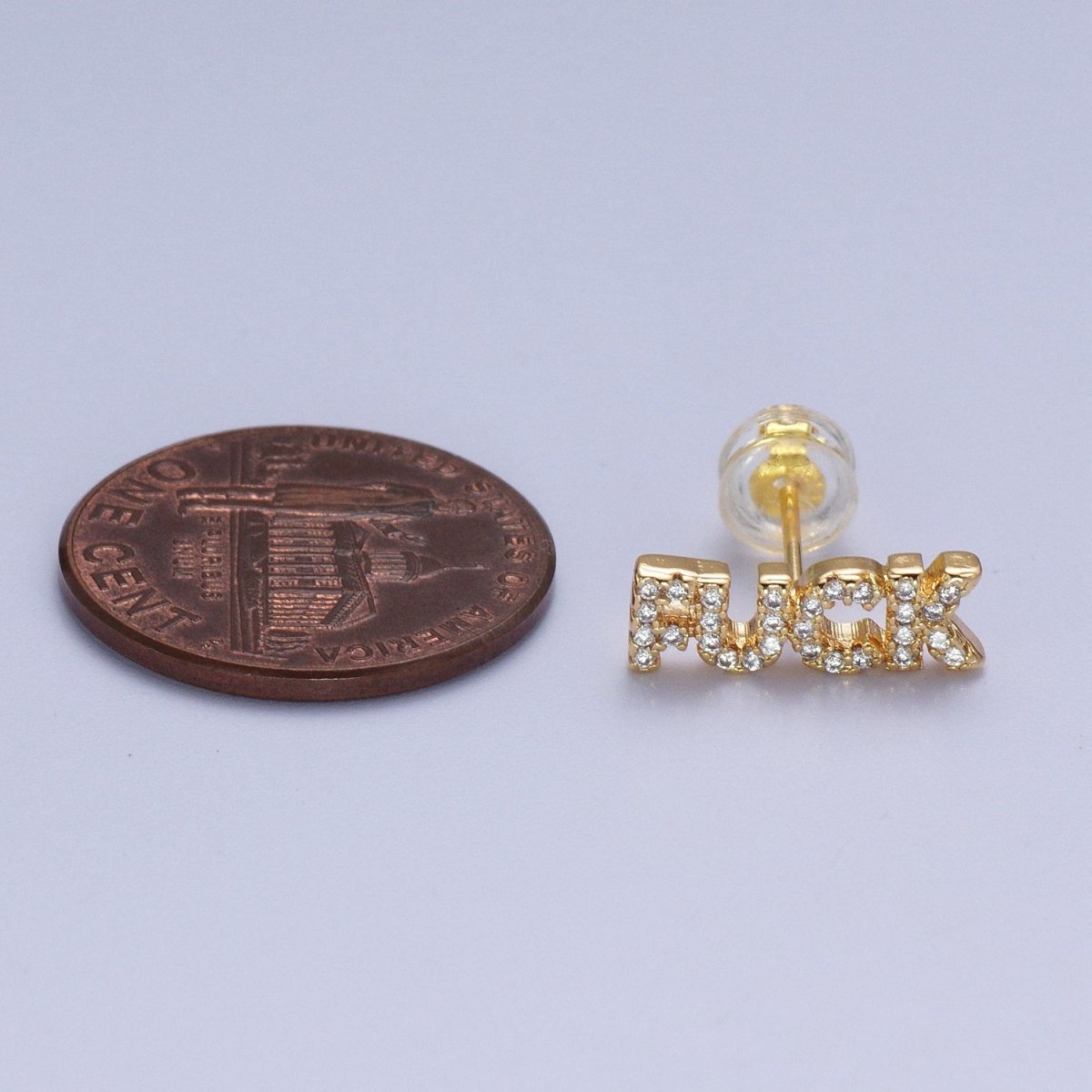Dainty 16K Gold Filled "FUCK" Script Micro Paved CZ Stud Earrings | AD-273