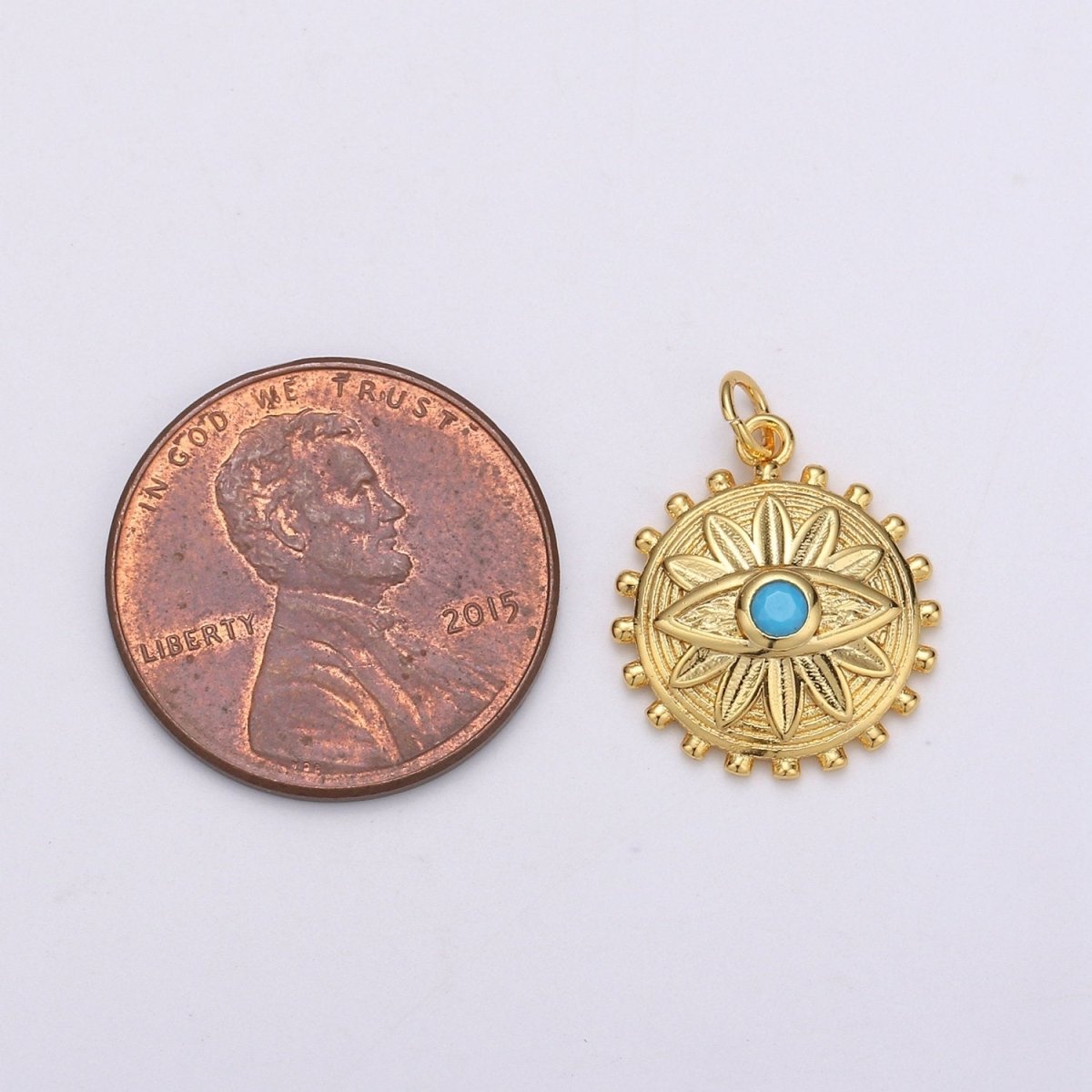 Dainty Gold Medallion Charm 14k Gold Filled Evil Eye Charm, Cubic Zirconia Amulet Charm, Turquoise Jewelry, Micro Pave Lotus Bohemian D-724