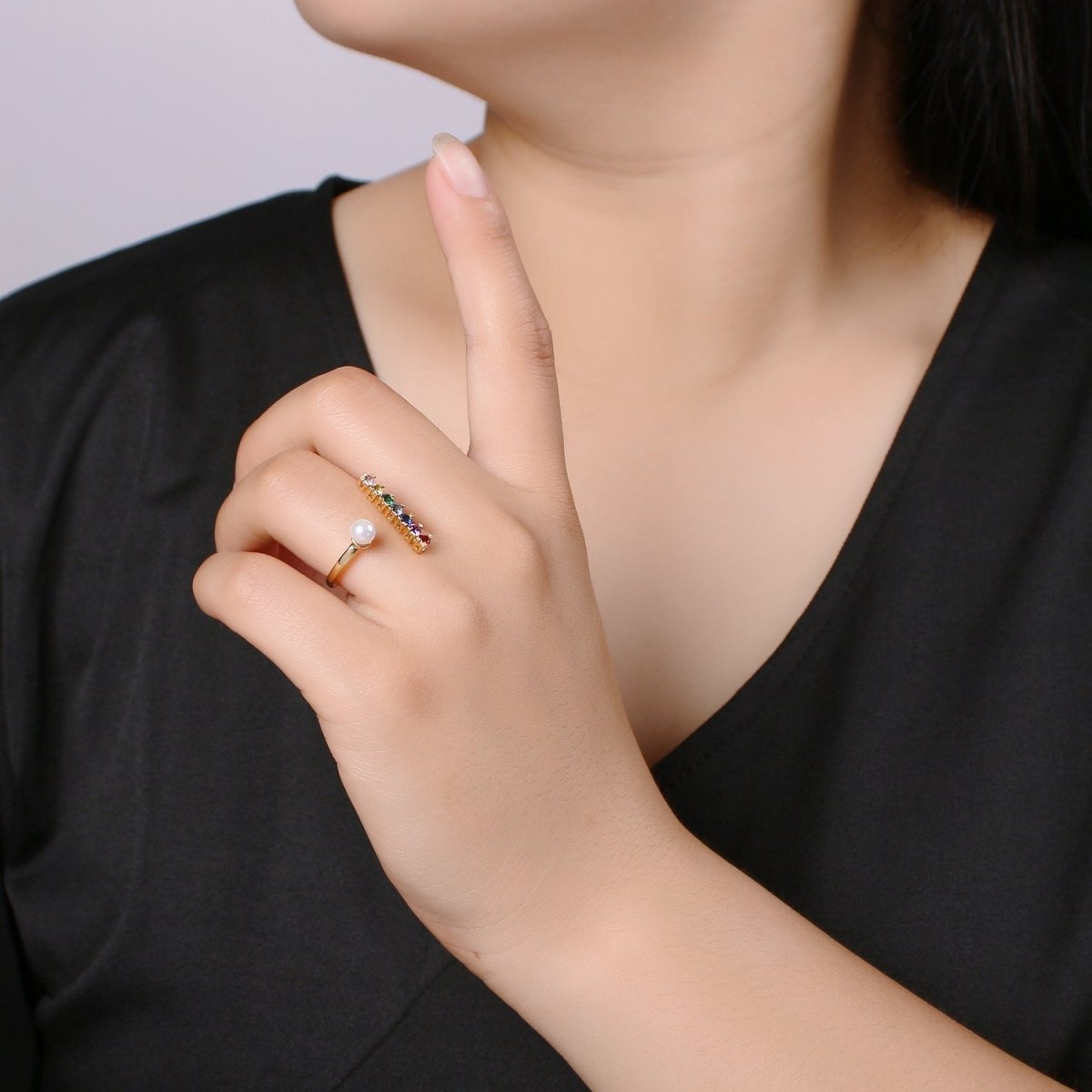 Dainty Micro Pave ring Open Adjustable Ring band Stacking ring Rainbow Gold ring Colorful Bridesmaid ring Pearl Wedding jewelry O-294