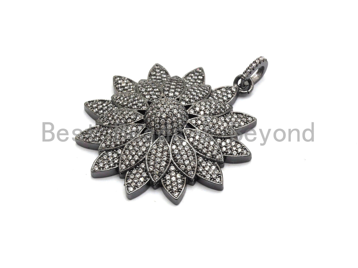 40mm Dual Color Cz Micro Pave Flower Pendant, Cubic Zirconia Pave Floral Pendant in Gold/Rose Gold/Black/Sliver Finish,sku#F662