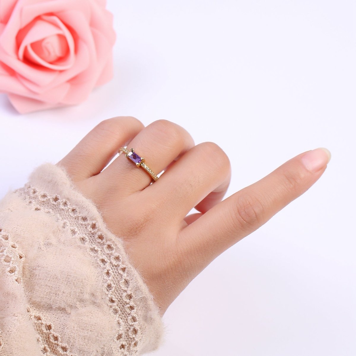 DEL-24K Gold Filled Dainty Emerald Green, Blue, Purple Baguette Crystal Zirconia CZ Adjustable Band Ring U-300, U-302