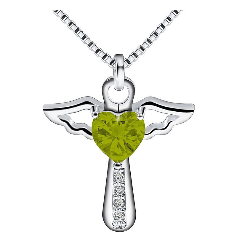 European And American Necklace Cross-border Amazon WISH Cross Wings Peach Heart Necklace Multi-color Zircon Crystal Pendant For Women