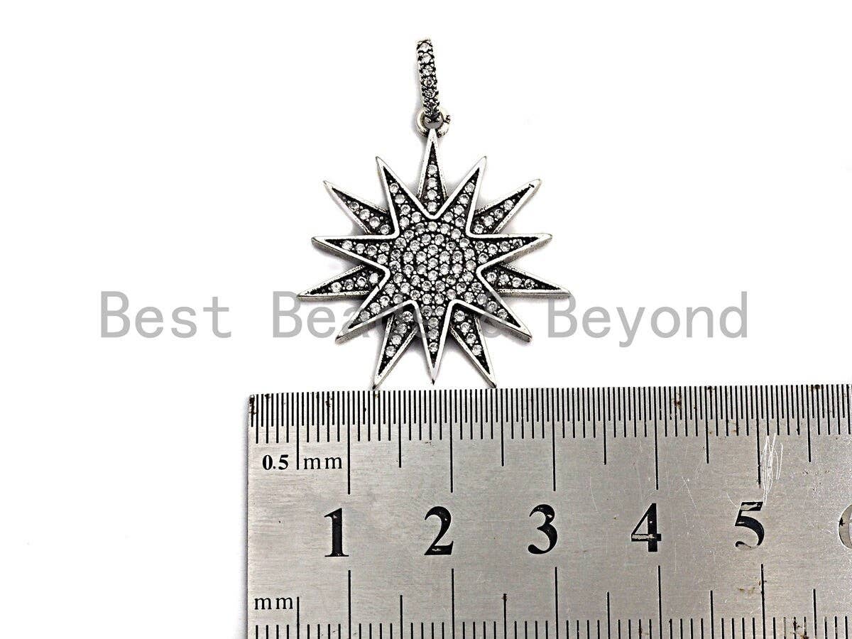 CZ Micro Pave North Star Pendant, Antique Silver Tone, 27x29mm,sku#F997C