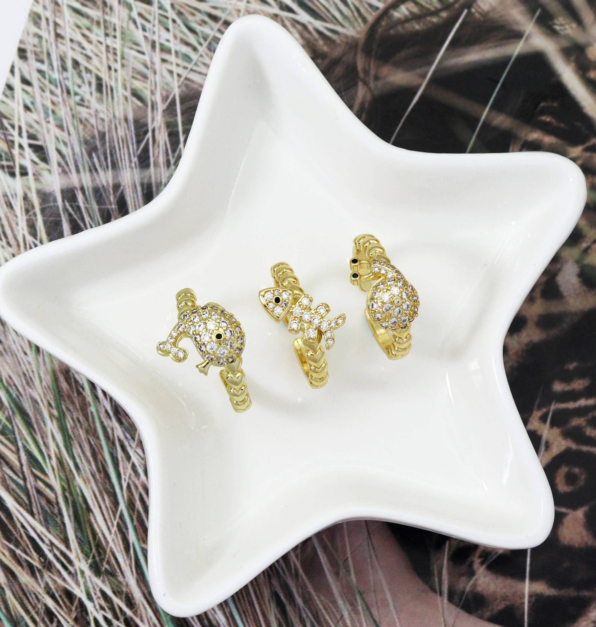 CZ Pave Gold Fish Snail Dolphin Ring, Sku#LK736
