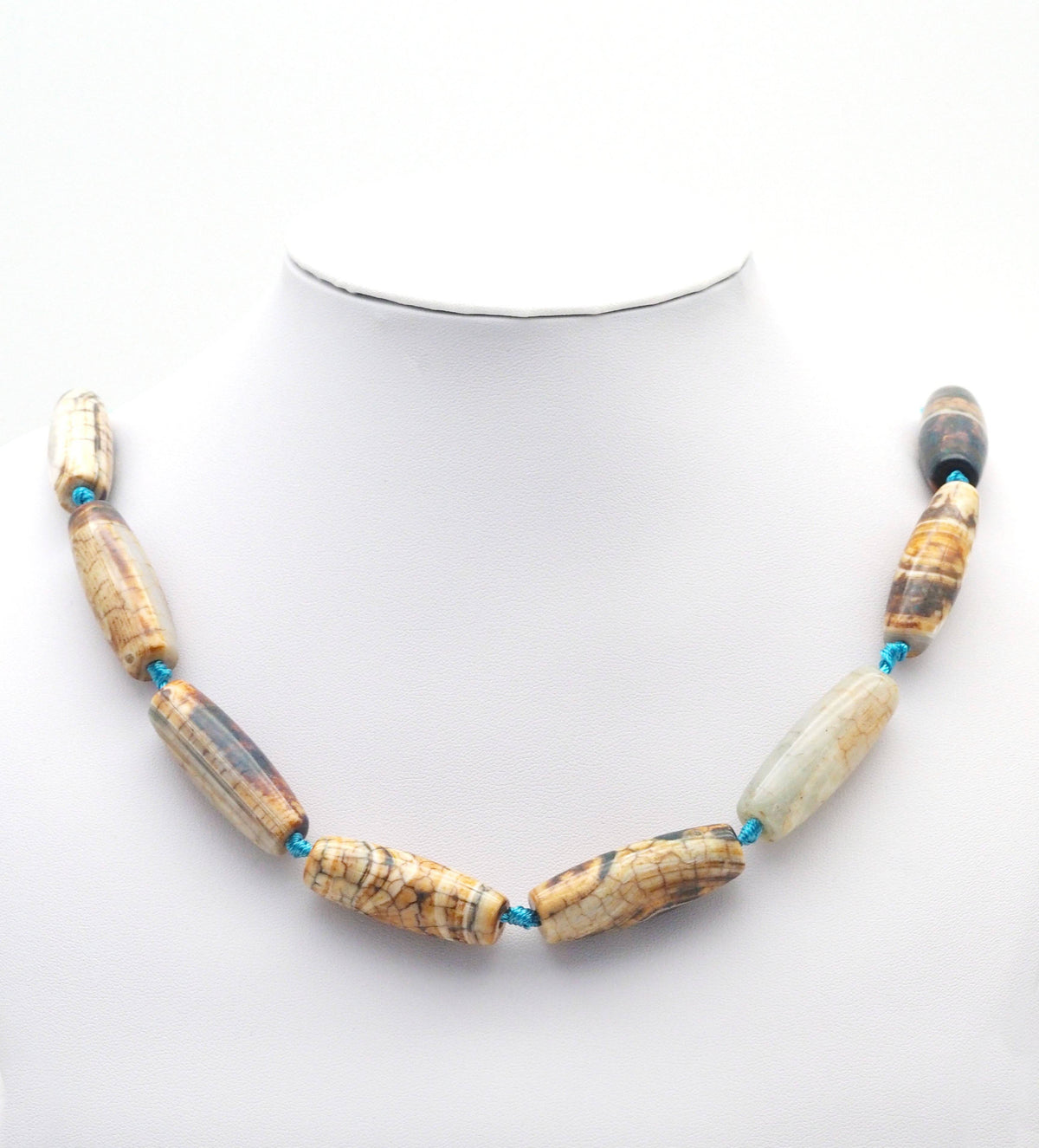 Natural Blue Brown Tibetan Agate Barrel Smooth Agate, 14x40mm Focal Beads, Sku#U1439