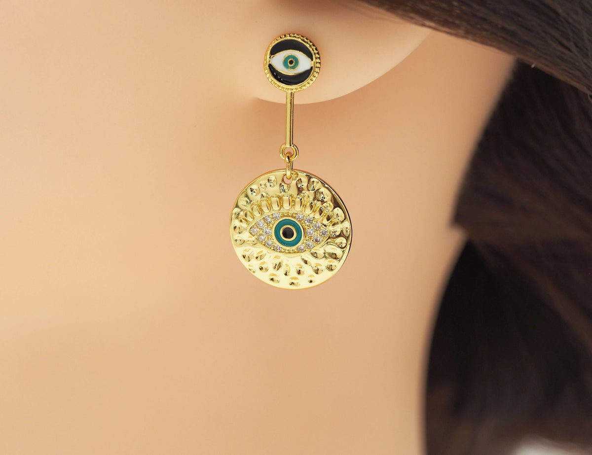 Enamel Evil Eye Round Coin Shape Dangle Earrings, SKU#Y603