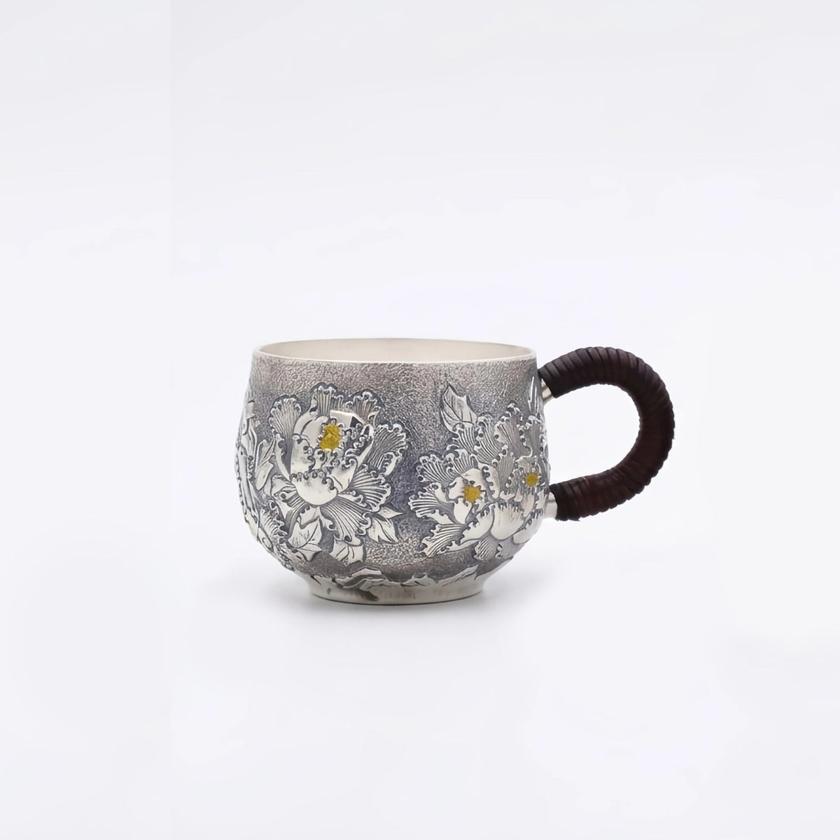 Pure 999 Fine Silver Elegant Handcrafted Silver Teacups Featuring Detailed Peony Relief and Traditional Woven Handles - Handicraft