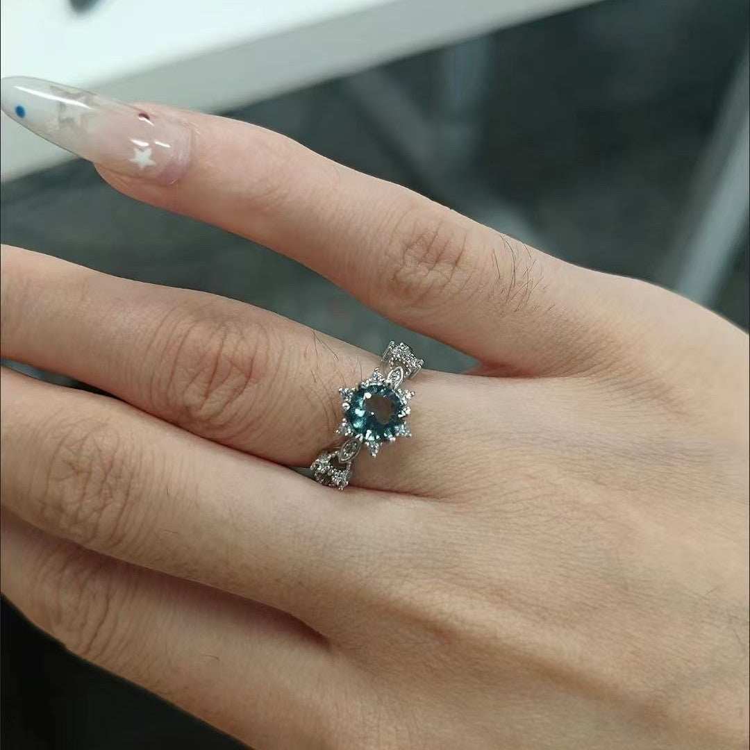 Blue Zircon Snowflake Ring, Aquamarine CZ Engagement Ring For Women