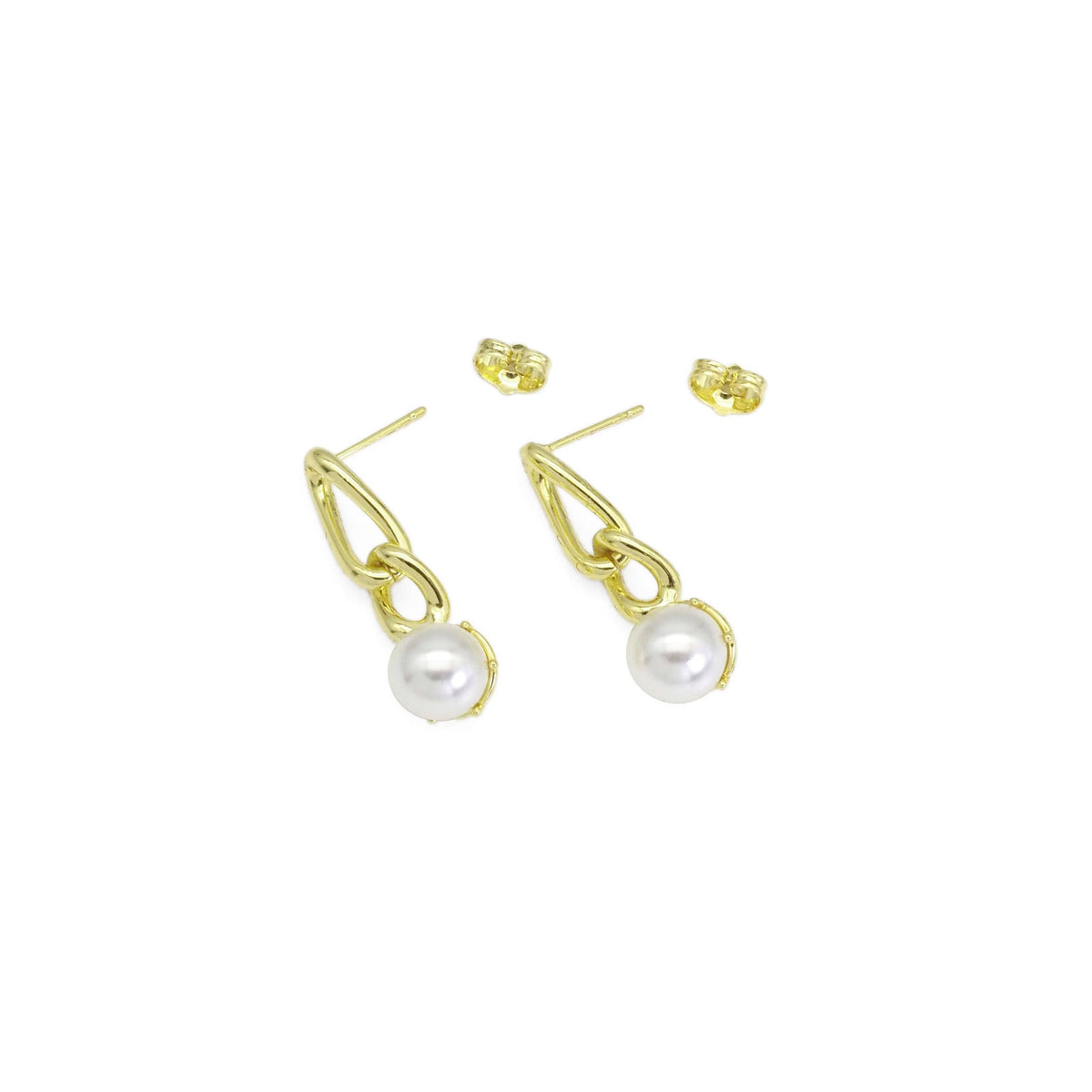 CZ Gold Link Chain White Pearl Stud Earrings, Sku#LD499