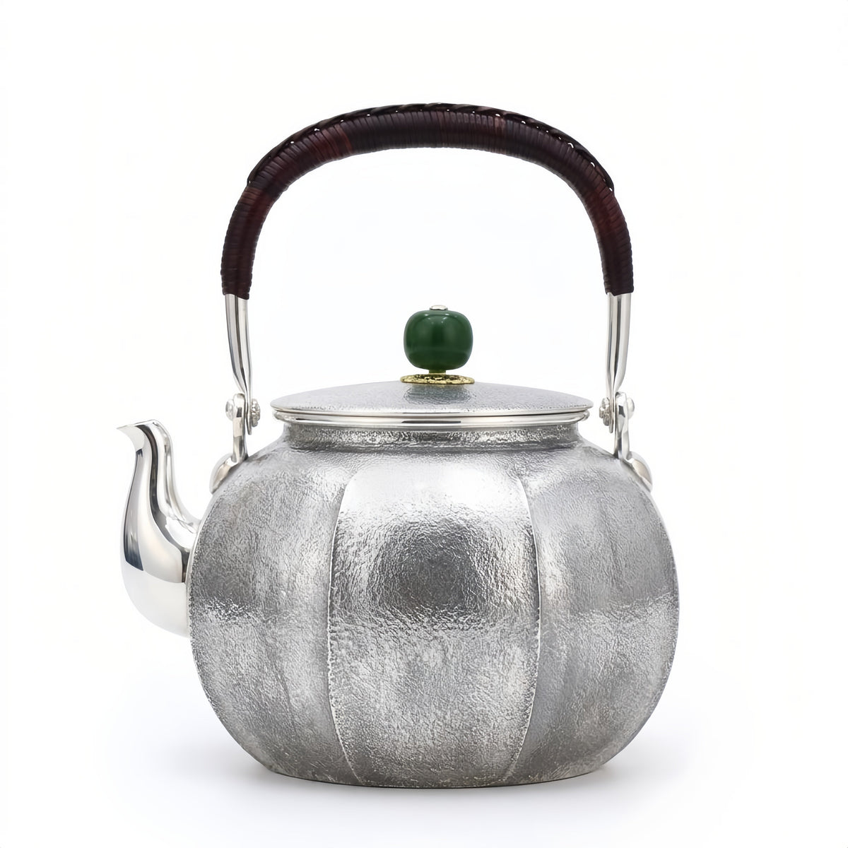 Pure 999 Fine Silver Handcrafted Hammered Silver Teapot with Jade Finial and Rattan Handle - Handicraft