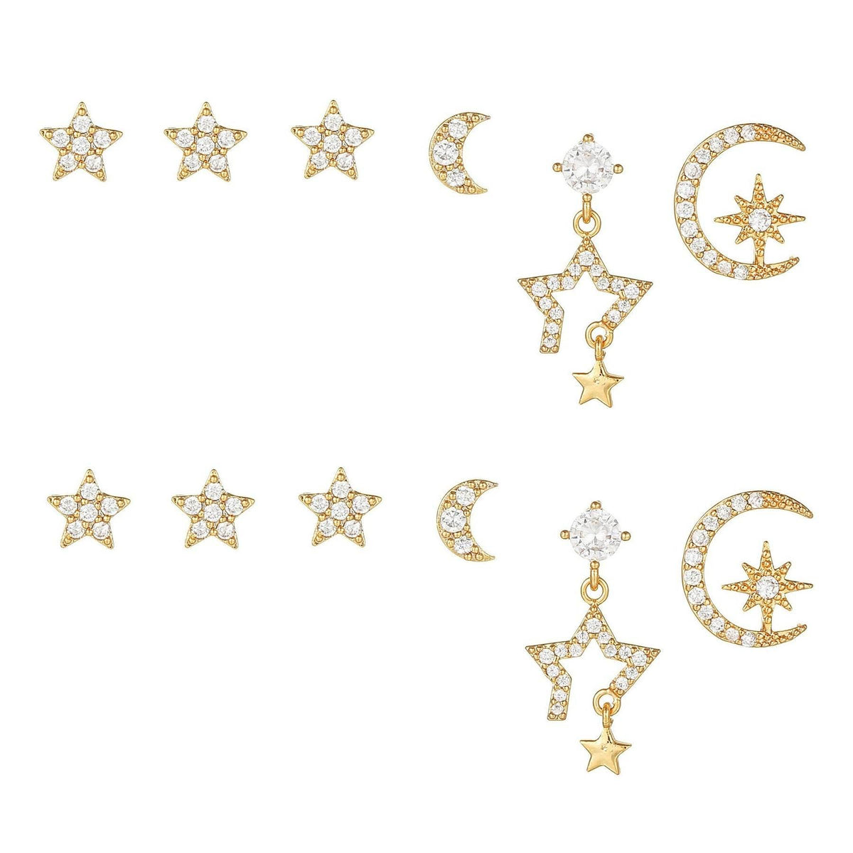 Stacking 6 Pieces Celestial Star & Moon Earring Set, 18k Gold Plated Stud & Drop, S925 Needle, Stacked Lobe Designs with Dazzling Zirconia
