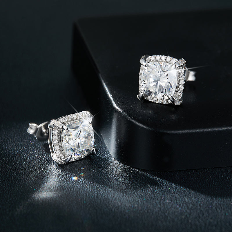 S925 Sterling Silver 8x8mm Cushion Cut Moissanite Stud Earrings Platinum Plated Halo Setting With GRA Certificate Luxury Jewelry Gift Box Set For Women
