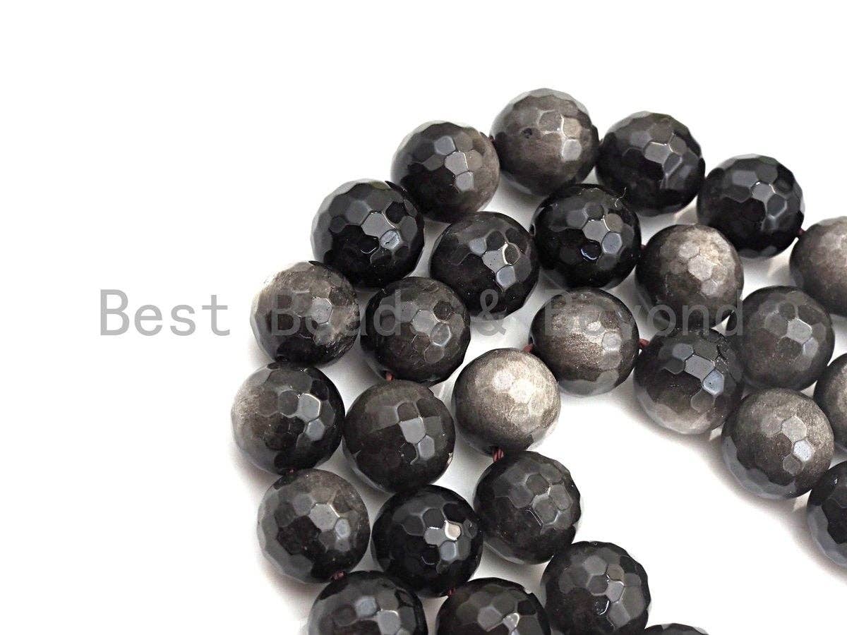 SPECIAL CUT Natural Obsidian, Round Faceted 6mm/8mm/10mm/12mm/14mm, 15.5" Full Strand, sku#U725