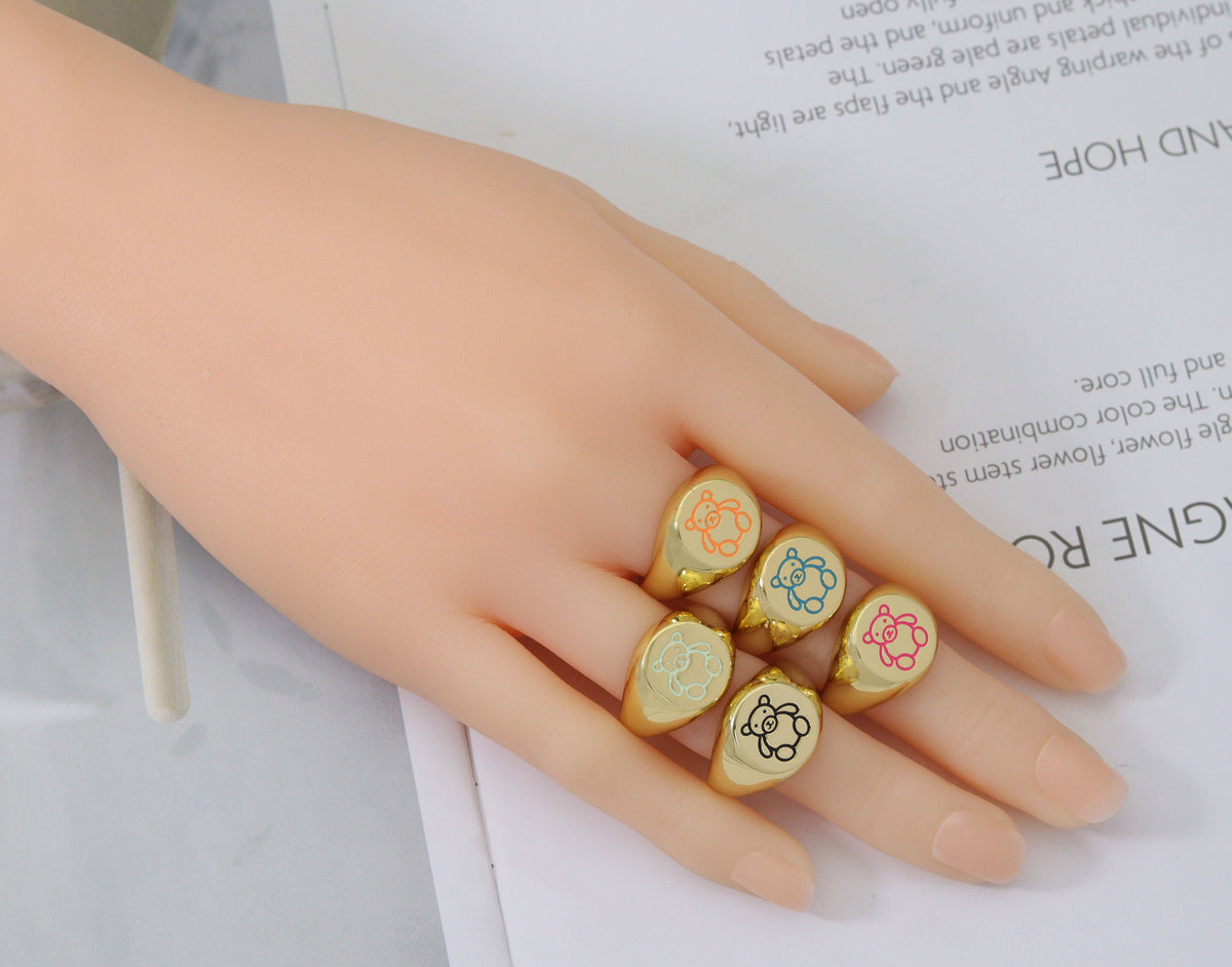 Enamel Bear On Round Adjustable Ring, Sku#X324
