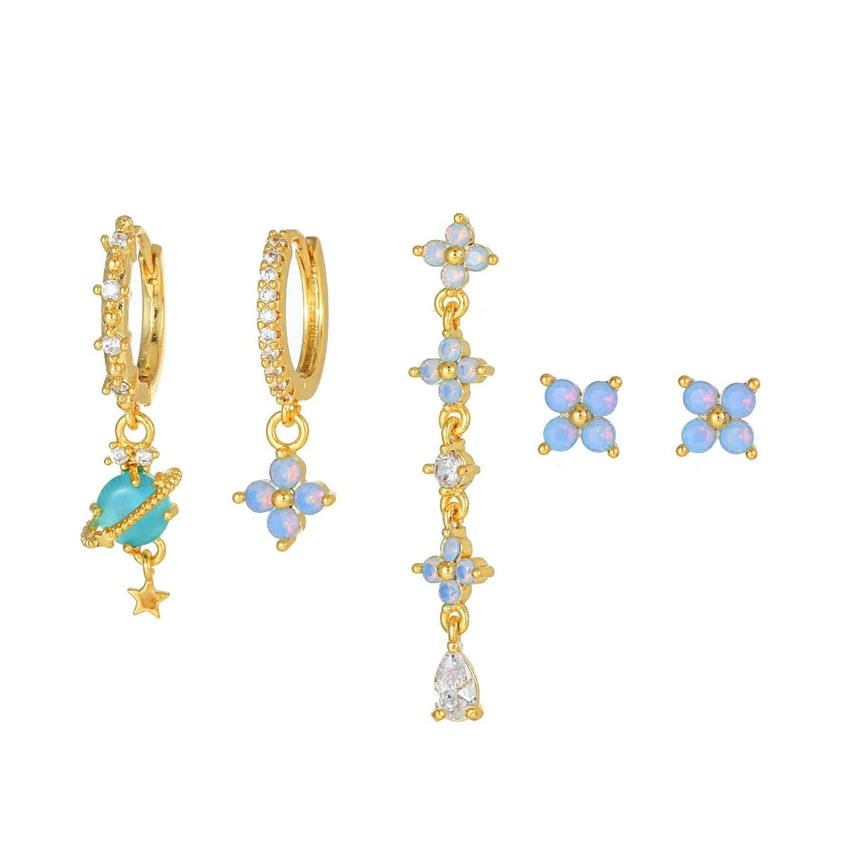 Multi Sets of Blue Flower Pierced Earrings, 4-6pcs, 18k Gold Plated Stud Drop Hoop Huggie Cuff Chain, S925 Needle