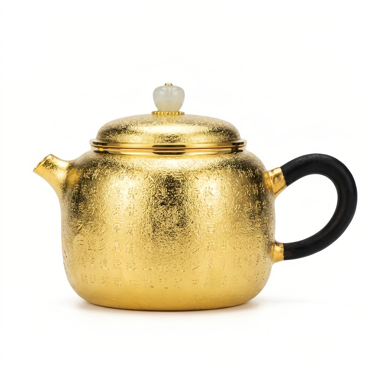 925 Sterling Silver Elegant Engraved Metallic Tea Kettle with Traditional Calligraphy and Smooth Jade Accents - Handicraft