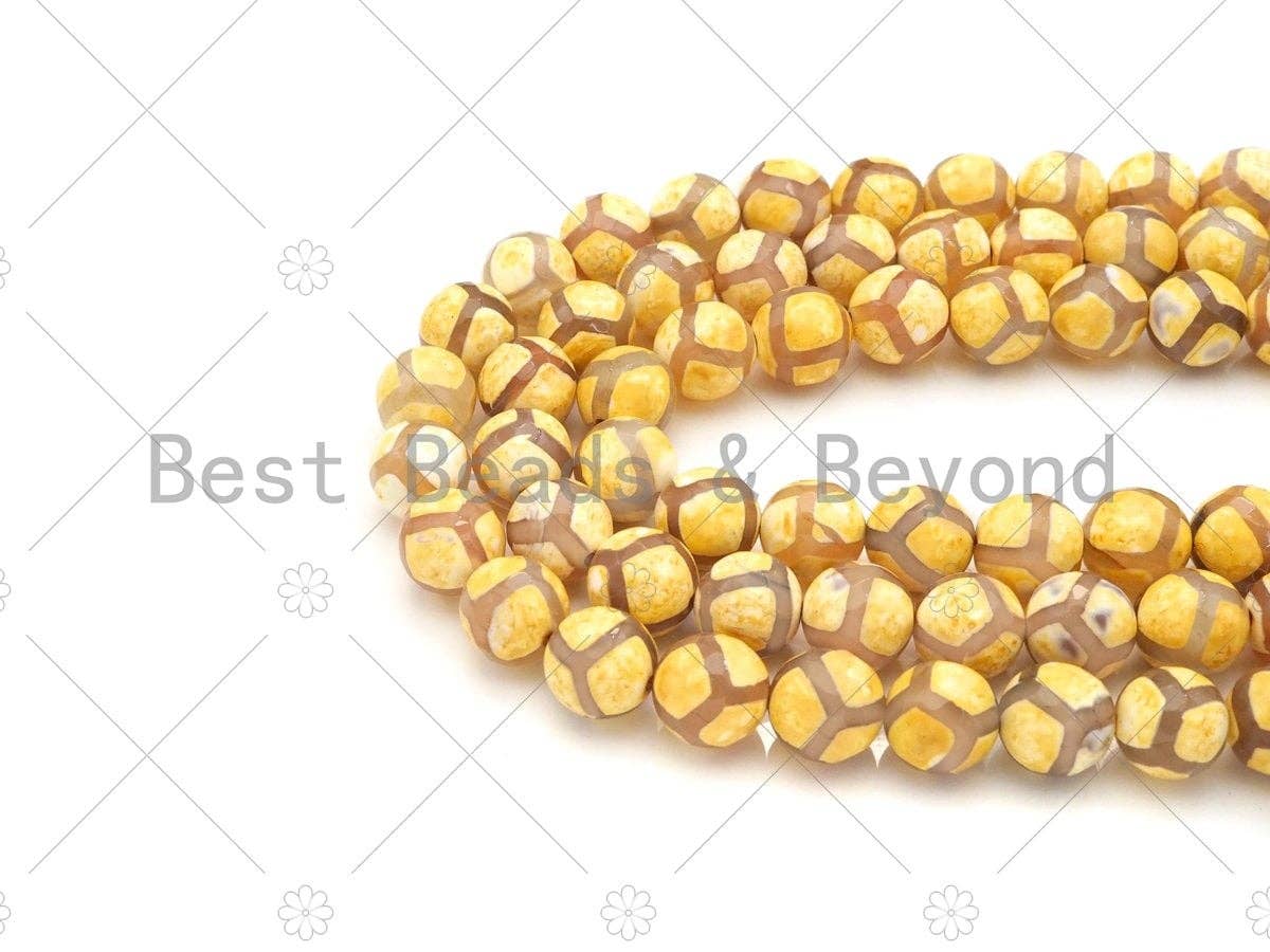Natural Tibetan Yellow Football Agate Beads, Dzi Football Agate Beads, 8mm/10mm/12mm Round Faceted Agate,15.5" Full Strand, Sku#U1117