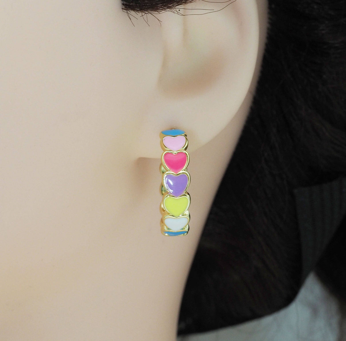 Colorful Enamel String Hearts Hoop Earrings, Sku#J374