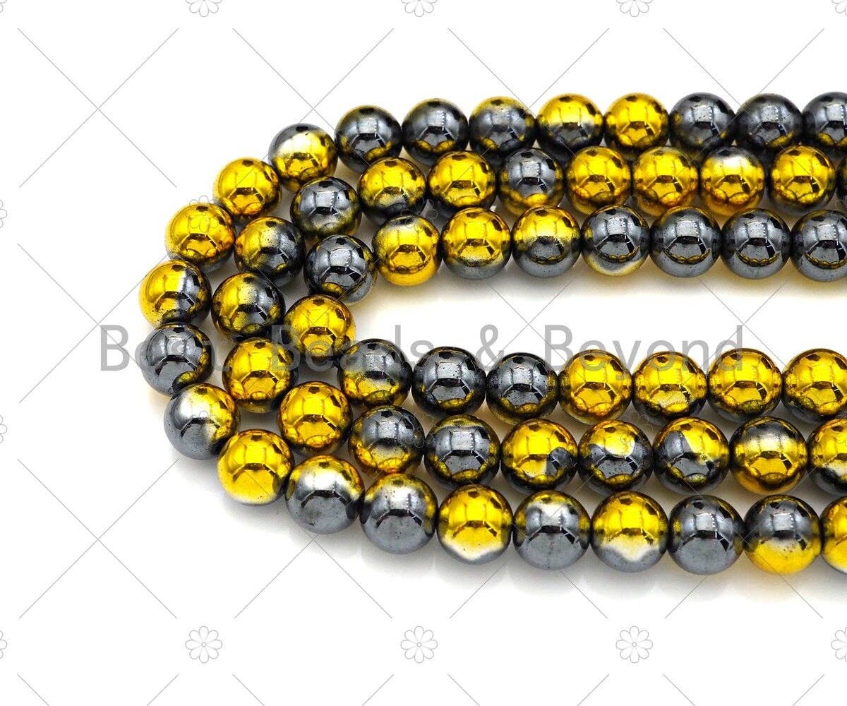 NEW!!! Half Gold Plated Natural Hematite Round Smooth Beads, 4mm/6mm/8mm Gold Black Hematite Beads,15.5'' Full Strand, Sku#S134