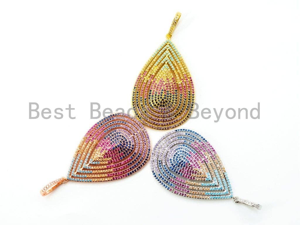 CZ Micro Pave Mixed Color Teardrop Pendant, Cubic Zirconia Pendant, Colored CZ Pave in Gold/Silver/Rose Gold Finish, 60x31mm, SKU#F183