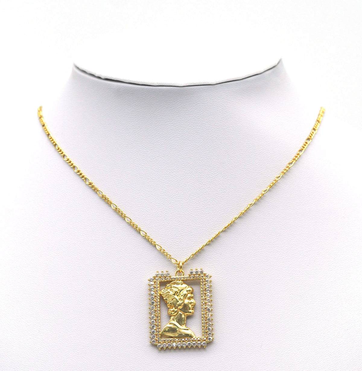 Gold Lady Head On CZ Rectangle Frame Charm, Sku#L673