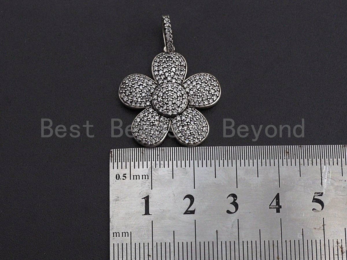 Antique Silver CZ Micro Pave Flower Pendant, Antique Silver Tone, Cubic Zirconia Pave Daisy Flower Charm Pendant, 24x26mm,sku#F1031