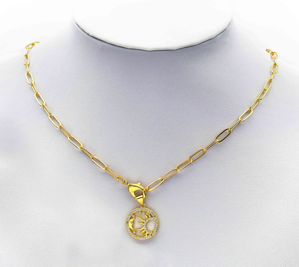 Paperclip Chain Necklace with Stone Sun Moon Charm, Sku#CL28