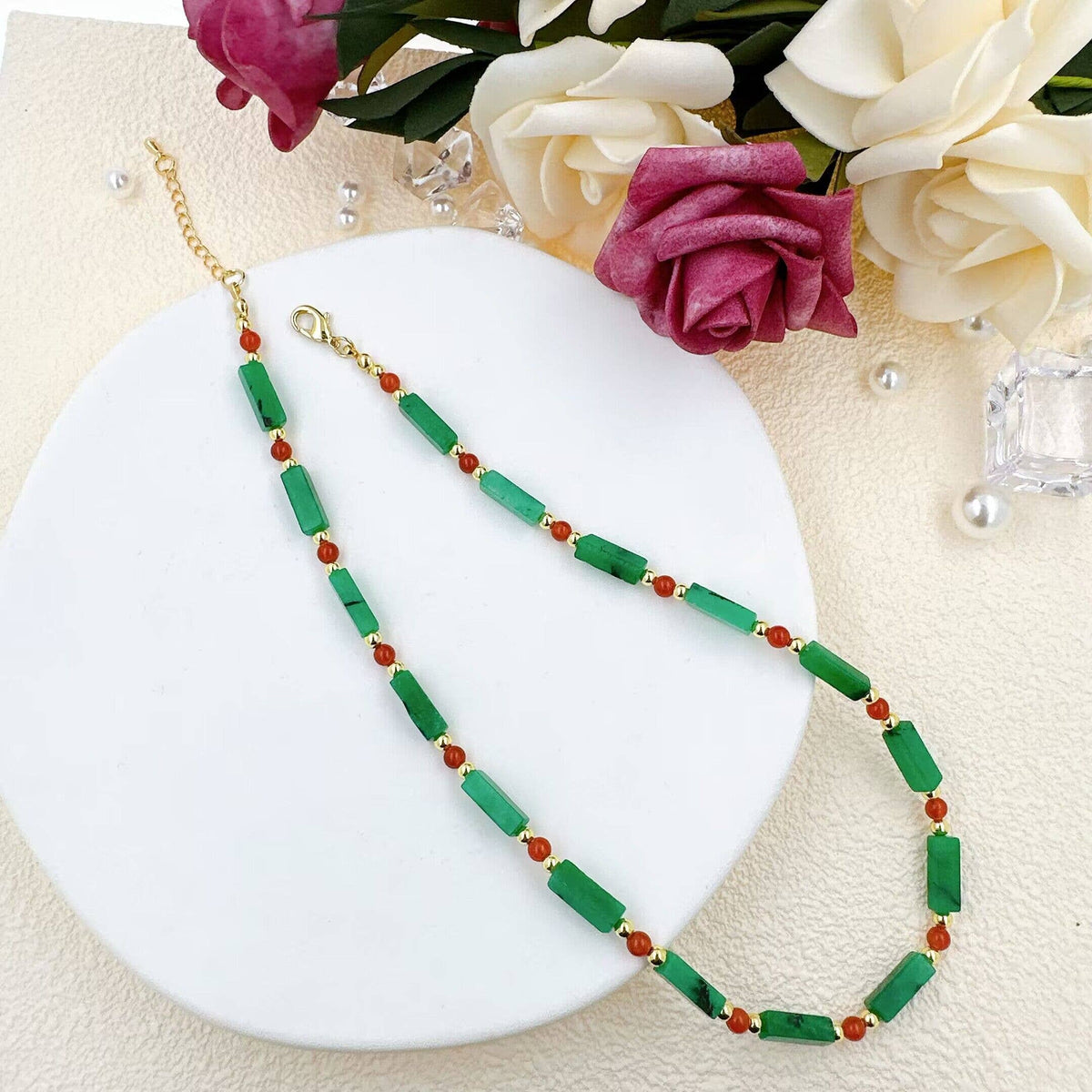 Green Red Gemstone Beads Necklace, EF546