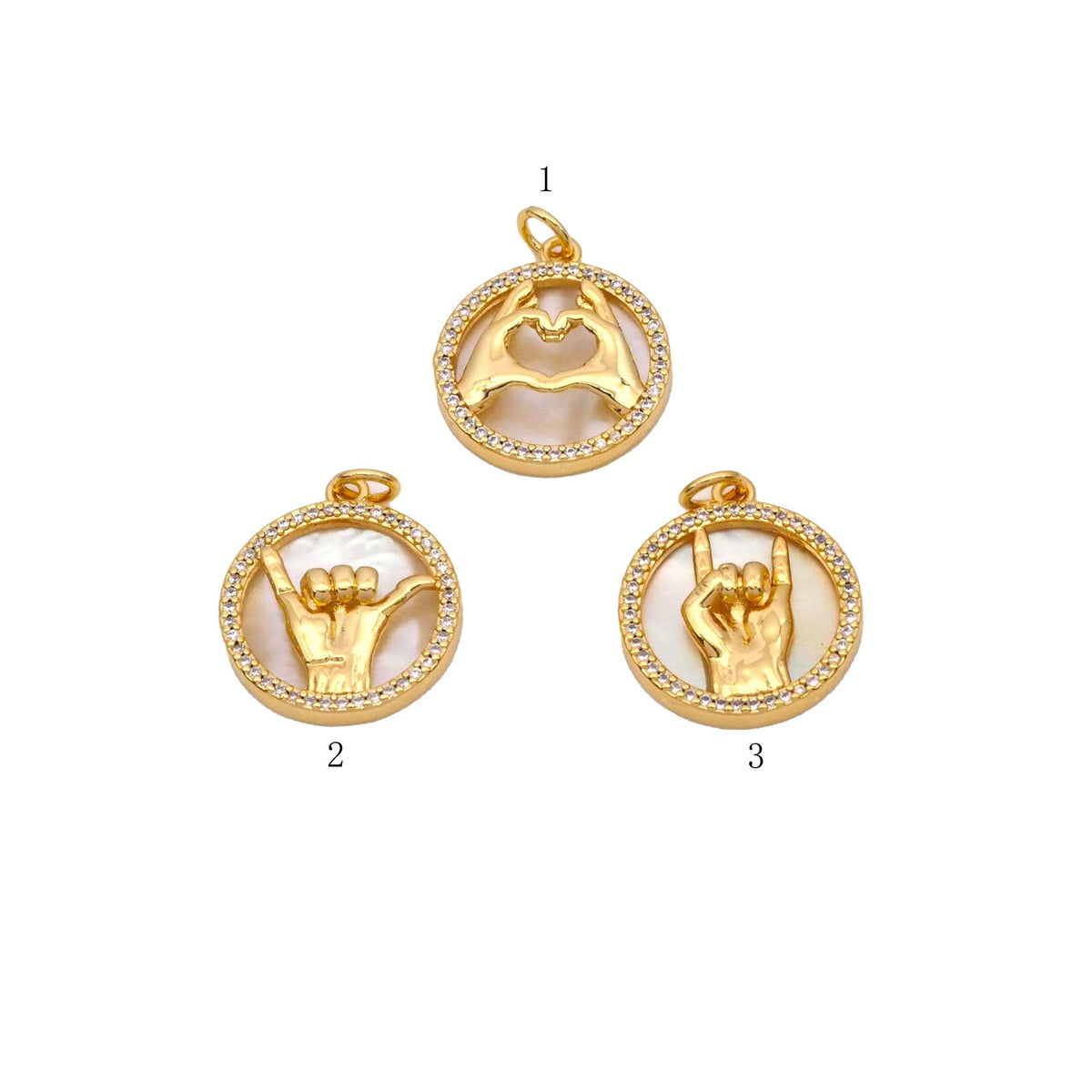 MOP Micro Pave CZ Hand Signal Gesture Charm, Sku#F1526C