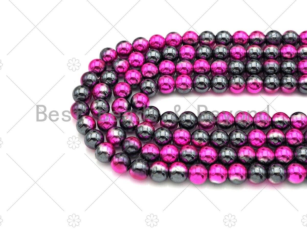 New!!! Half Plated Hot Pink Natural Hematite Beads, 4mm/6mm/8mm Round Smooth Beads,15.5'' Full Strands, Sku#S133