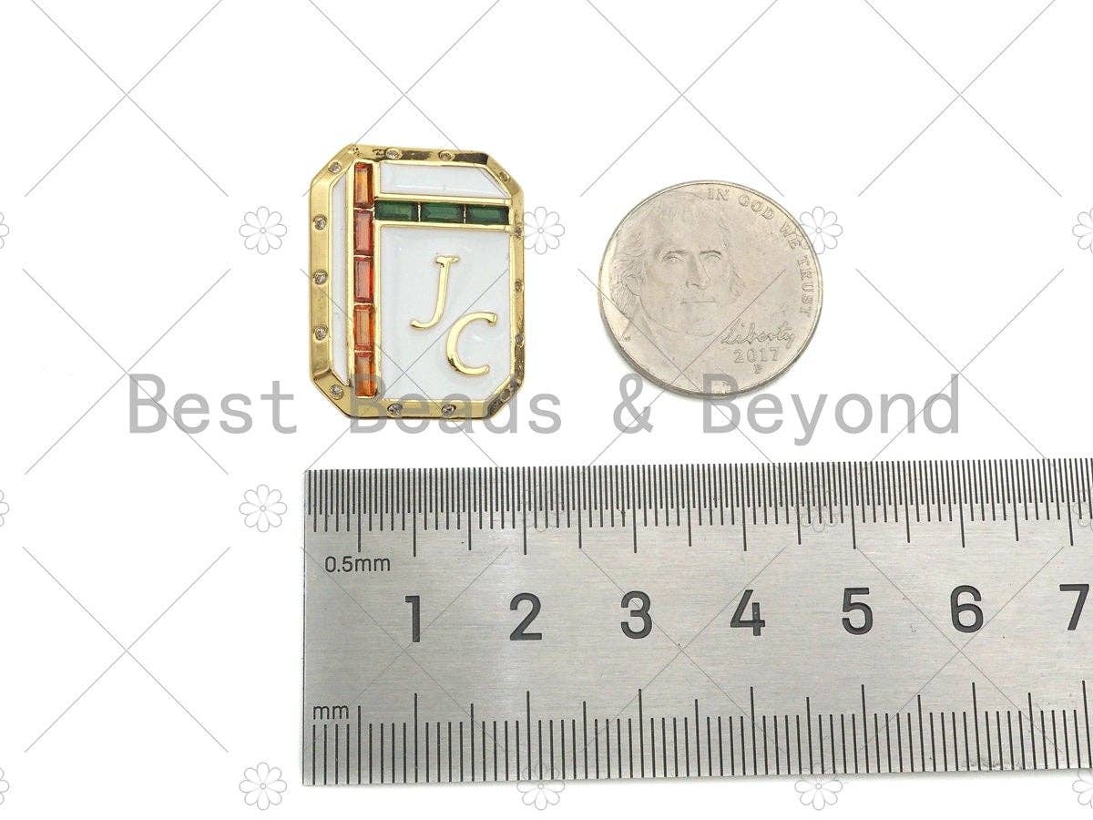 18K Dainty Gold White Enamel JC On Rectangle Pendant, Red Green Cubic Zirconia Gold Enamel Findings, 20x25mm,Sku#L542
