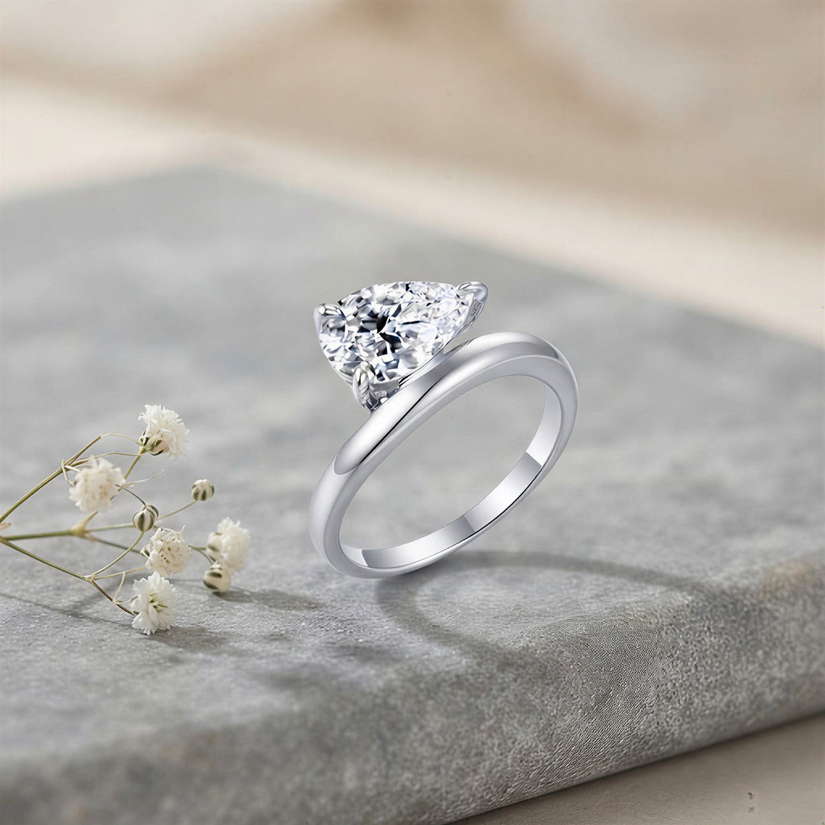 Waterdrop Moissanite Ring in Sterling Silver with 18K Gold Plating – Elegant D-Color 2-Carat Solitaire for Women