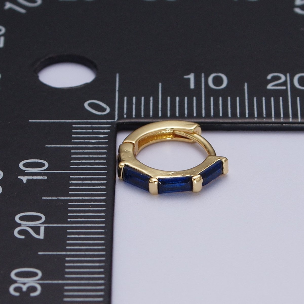 Fuchsia, Blue, Green Baguette Lined 12mm Gold Huggie Hoop Earrings | AD-155 AD-156 AD-173