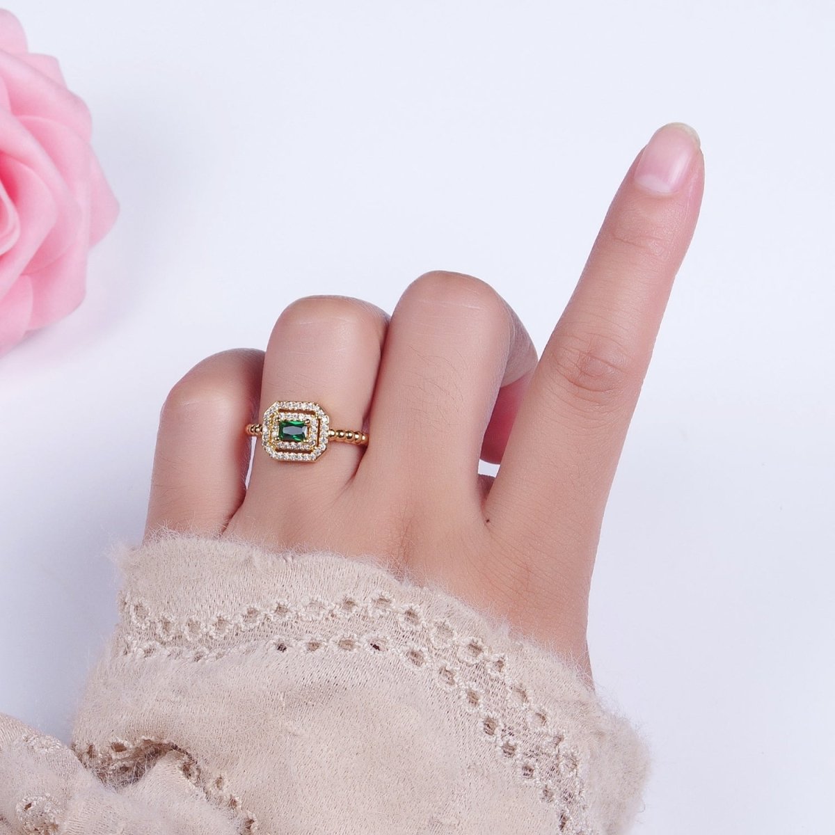 Fuchsia, Clear, Blue, Green Baguette Cubic Zirconia Gold Beaded Adjustable Ring | O-064~O-067