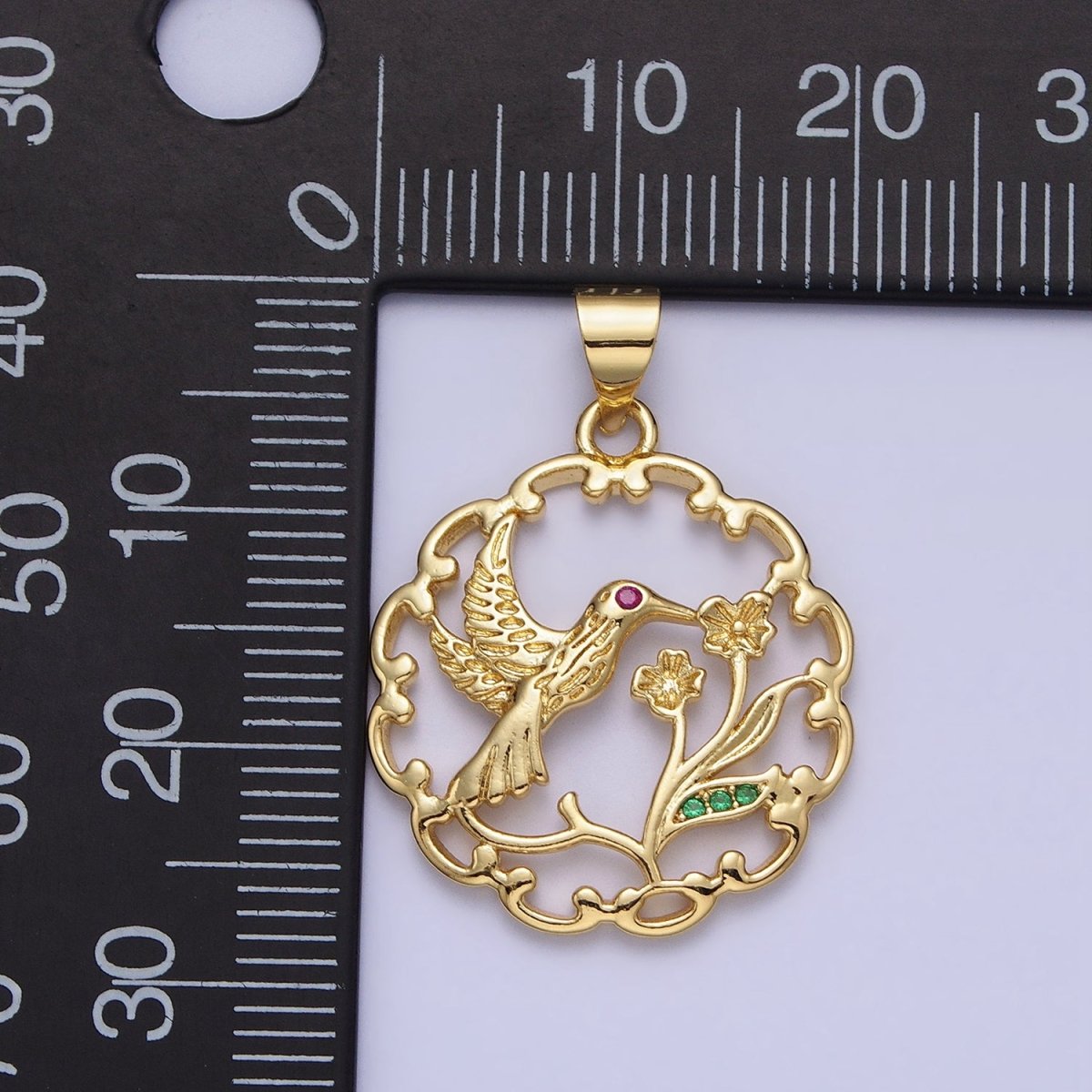 Fuchsia-Eyed Nature Hummingbird & Flower Plant Open Gold Pendant | AA154