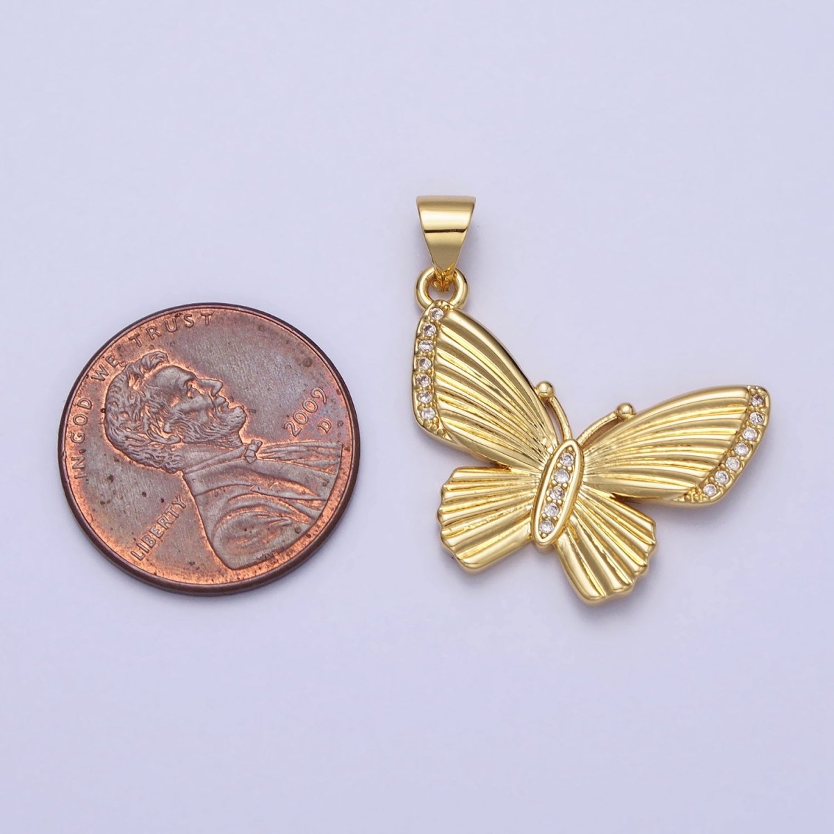 Gold Butterfly Mariposa Textured Sunburst Clear Micro Paved CZ Pendant | AA156