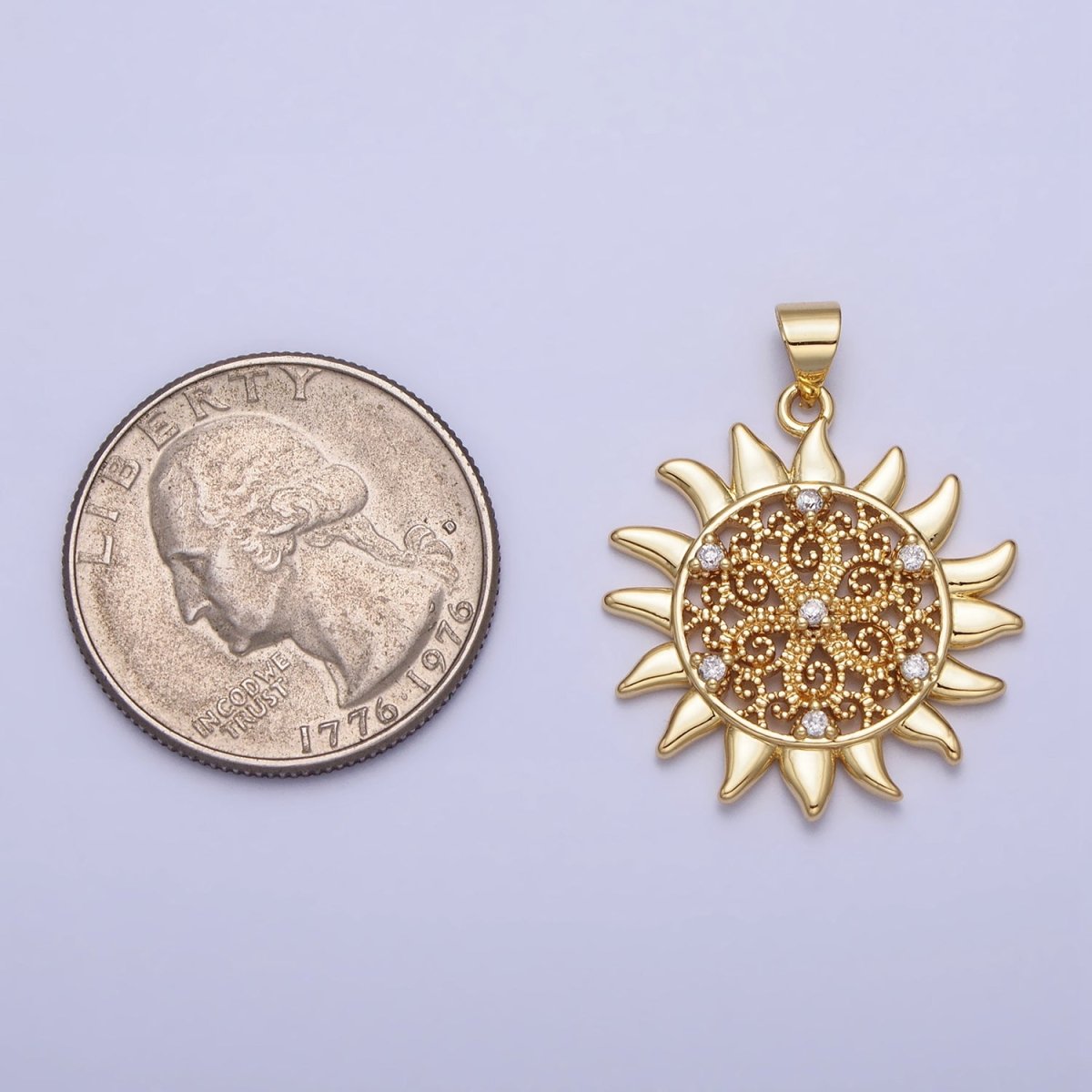 Gold Celestial Shinning Sun Filigree Beaded Clear CZ Pendant | AA157